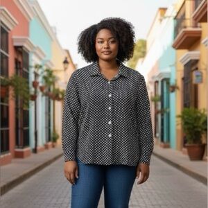 Maggy London Navy Blue and White Polka Dot SILK Blouse